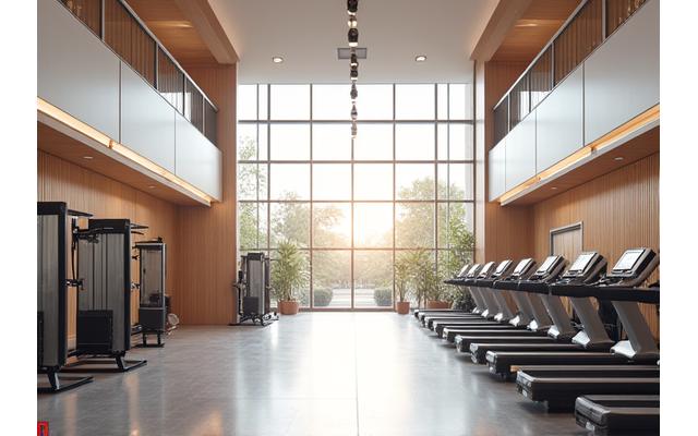 Architectural shot of a modern, well-lit fitness center interior, signifying award-winning design.