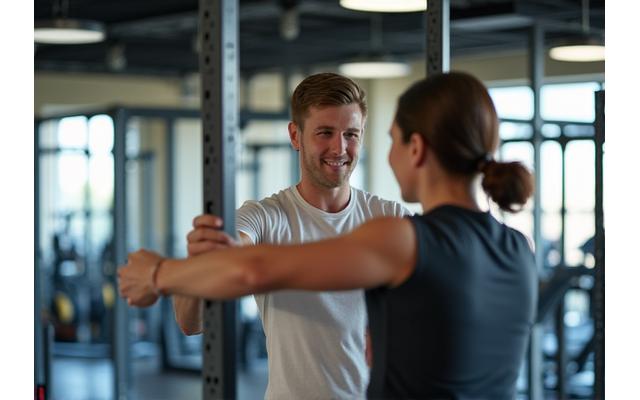 A certified instructor demonstrating proper form in a gym, highlighting safety and professional standards.