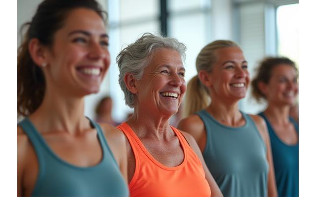 A diverse group of happy people exercising together, representing high member satisfaction.