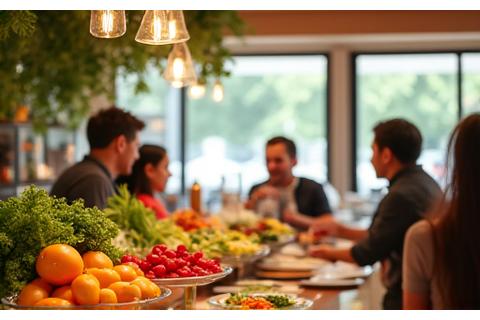 A vibrant, modern healthy food cafe with fresh produce and happy customers.