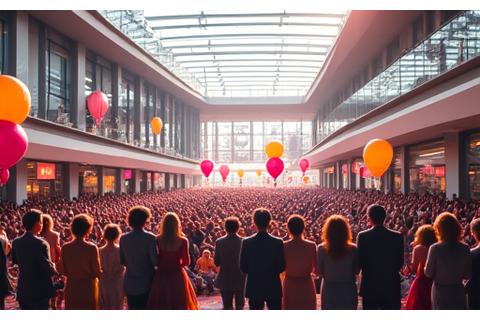 Grand opening ceremony of a modern recreation hub with ribbon cutting and celebratory crowd.