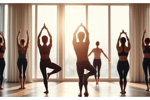 A serene yoga studio with participants in various poses, featuring calming lighting.
