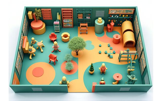 Illustration of an interactive map showing distinct zones for toddlers, adventurers, and challengers within a children's play area.