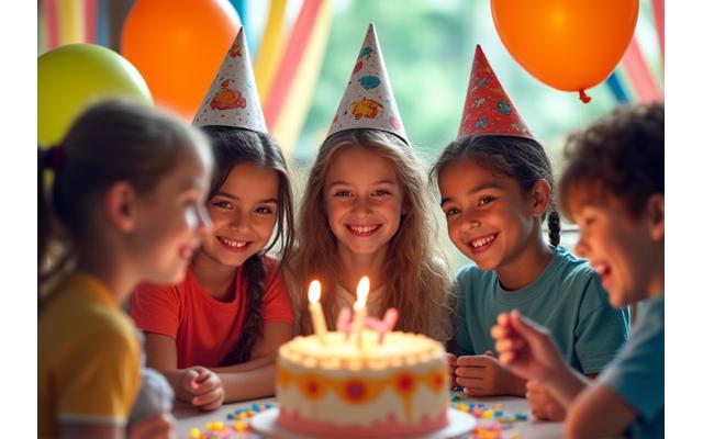 Children joyfully celebrating a birthday party in a decorated play area with balloons and cake, supervised by friendly staff.