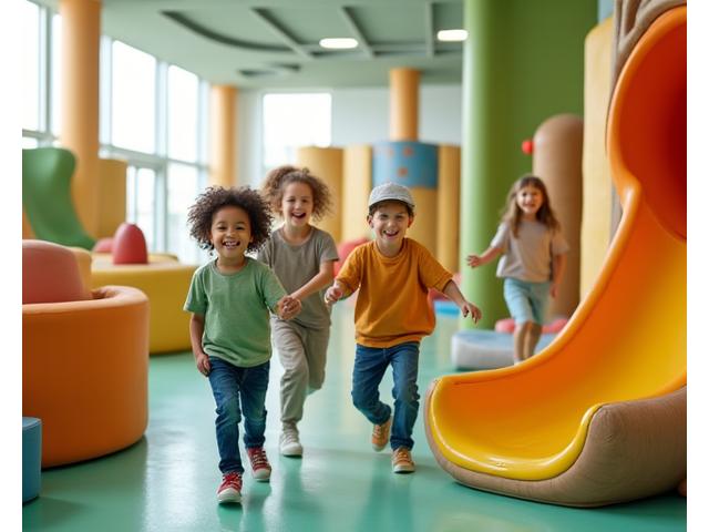 Joyful children laughing and playing in a vibrant, safe indoor playground with soft, colorful equipment.