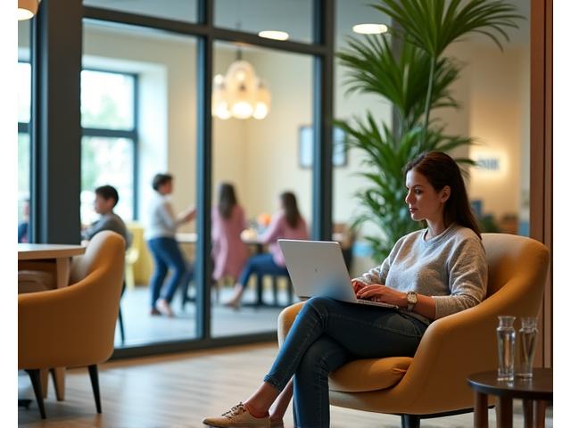 Parents relaxing in a comfortable lounge area with clear views of a children's play zone, while using Wi-Fi or reading.