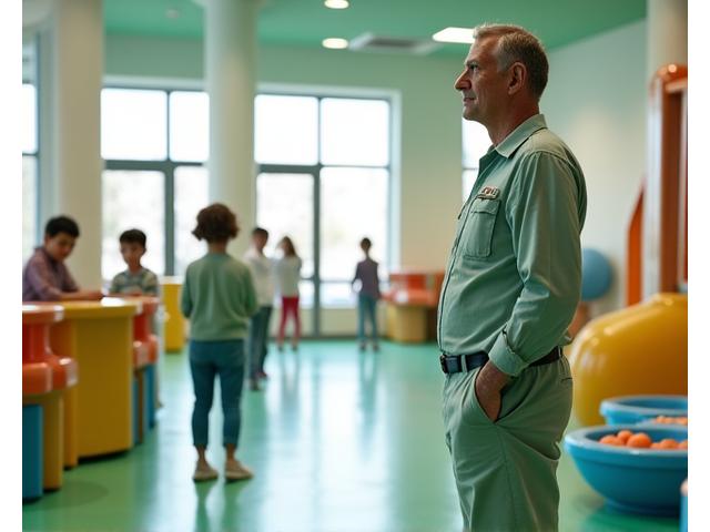 A certified child care professional attentively supervising children in a brightly lit, clean play area, ensuring their safety and engagement.