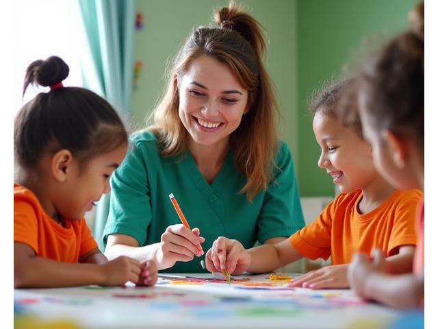 Children engaged in a supervised arts and crafts activity with a friendly instructor, creating colorful drawings.