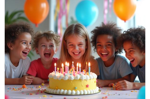 Lively children's birthday party with cake and balloons.