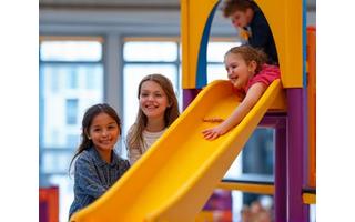 Children laughing and playing in a colorful indoor playground.