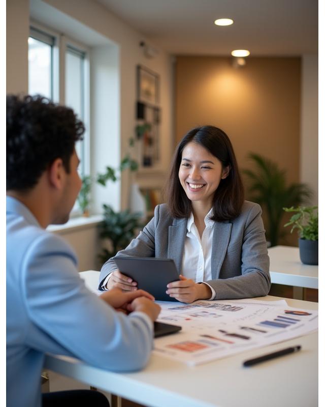 Event coordinator reviewing plans with a client in a modern office space.