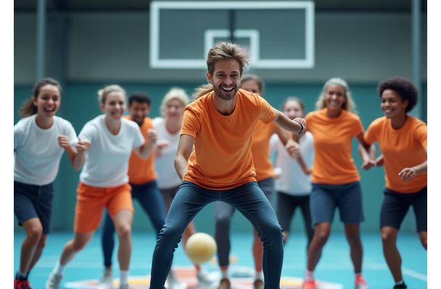 Diverse team participating in a corporate wellness activity on a sports court.