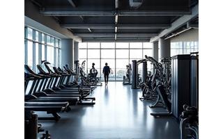 Modern fitness center with various exercise equipment and natural light.