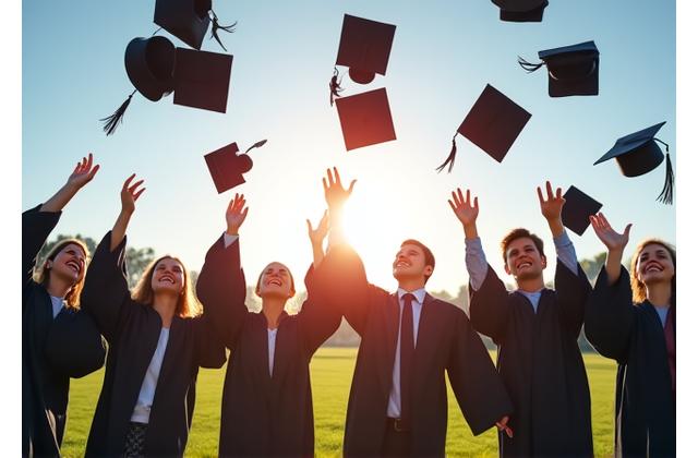 Students celebrating graduation with caps in the air on a green field.