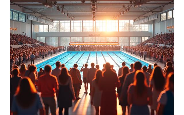 People celebrating in a modern event space at Oasis Recreation Hub overlooking a pool.