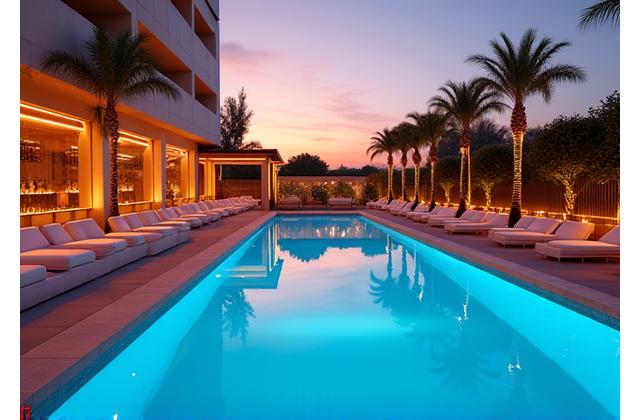 Vibrant poolside event area at sunset with lounge seating.
