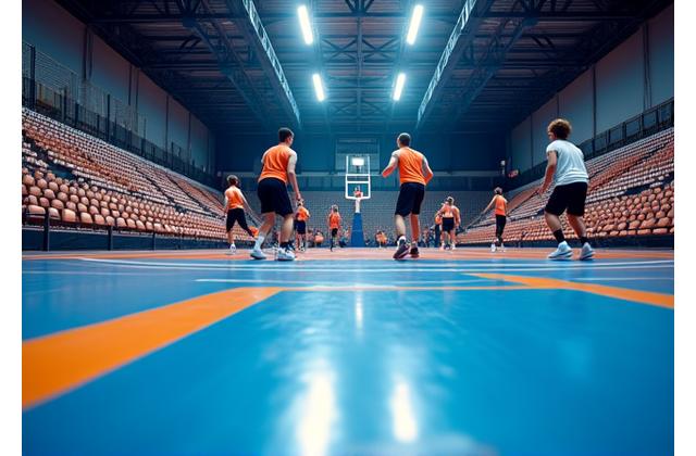 Basketball court during a lively team building event.
