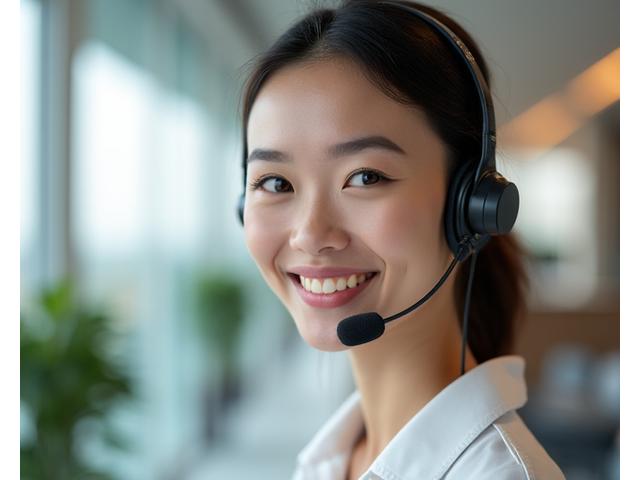 Smiling customer service representative wearing a headset and actively assisting a customer, symbolizing helpful and responsive support at Oasis Recreation Hub.