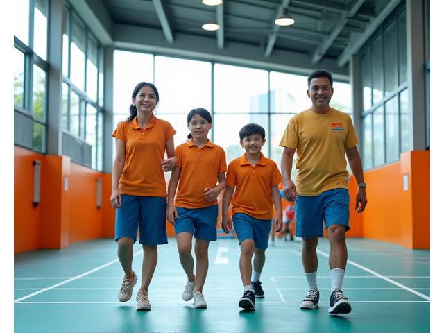 Family with children happily exploring the indoor sports court during a facility tour at Oasis Recreation Hub.
