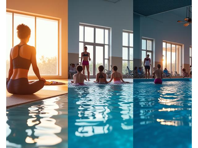 A diverse group of people engaged in various activities like swimming, lifting weights, and playing badminton in Oasis Recreation Hub, indicating broad operating hours.