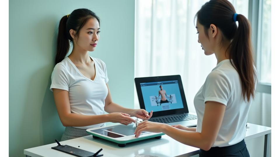 Fitness expert taking measurements of a client using body composition analysis tools