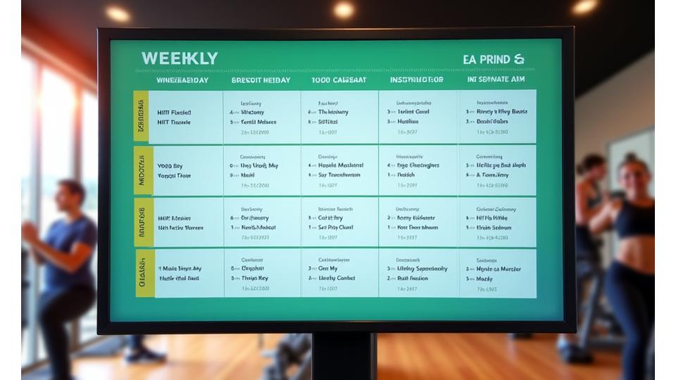 Digital display of a weekly group fitness class schedule