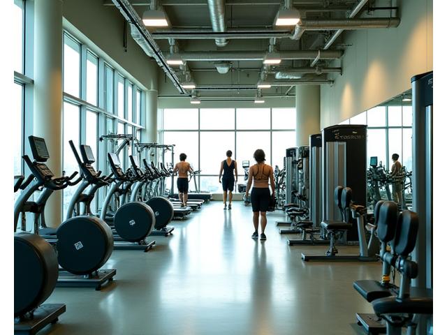 Modern gym interior with various fitness equipment and natural light