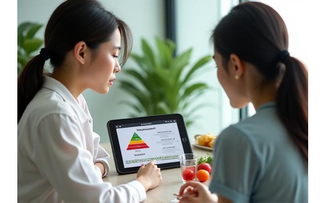 Dietitian providing nutritional advice to a client using a tablet