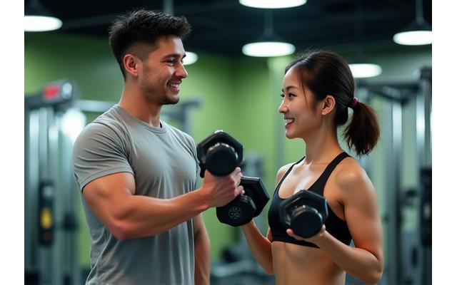 Personal trainer guiding a client through a bicep curl with dumbbells