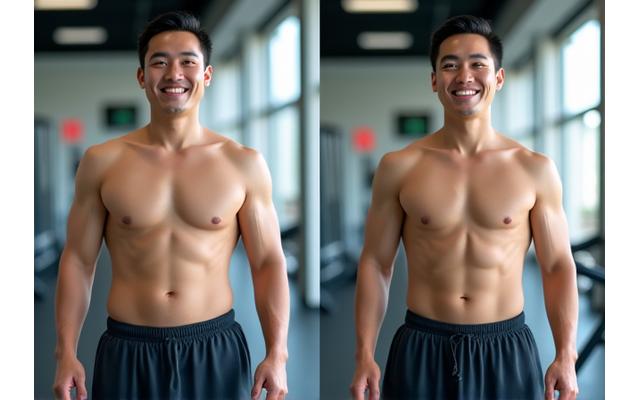 Before and after photos of a man who lost weight and gained muscle, smiling confidently