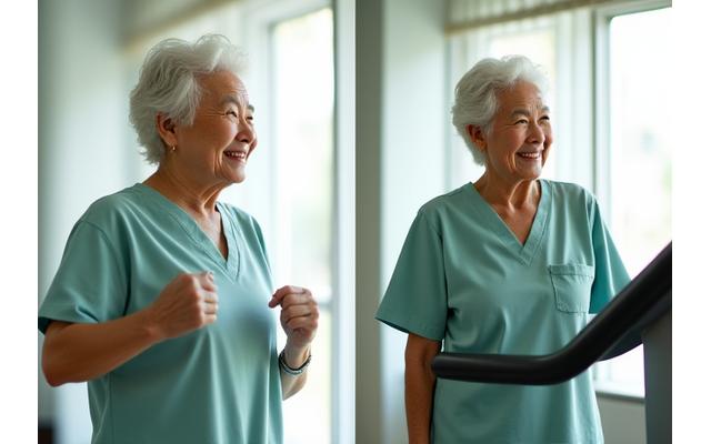 Before and after photos of an elderly person significantly improving mobility and balance through fitness, looking active and happy