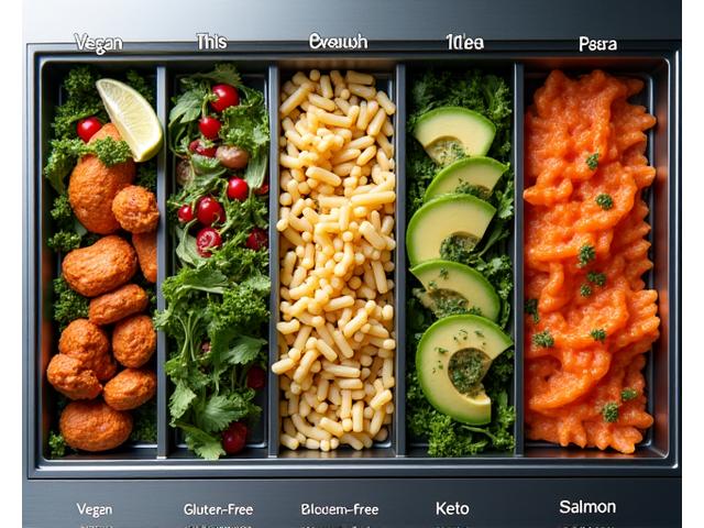 A diverse spread of healthy dishes, clearly labeled for dietary restrictions such as 'Vegan', 'Gluten-Free', and 'Keto', showing variety and inclusivity.