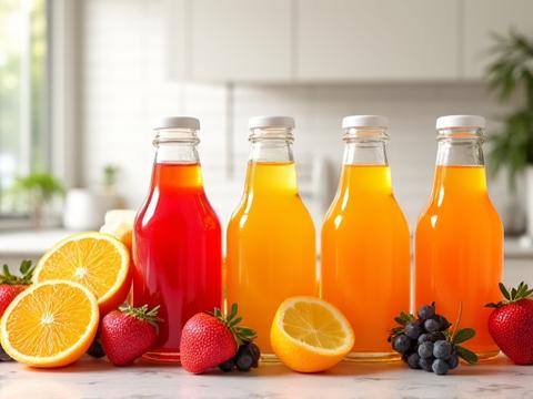 An array of colorful fresh juices in bottles and glasses, made from various fruits like oranges, berries, and apples, on a well-lit counter.
