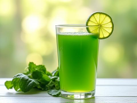 A refreshing clear glass of bright green juice with a slice of lime and fresh spinach leaves in the background, symbolizing vitality and health.