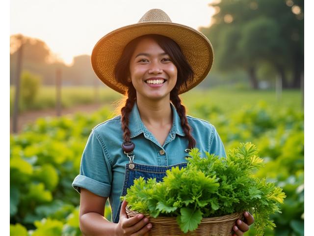 A farmer proudly showcasing fresh, vibrant produce from a local farm, with a lush green backdrop, symbolizing fresh and sustainably sourced ingredients.