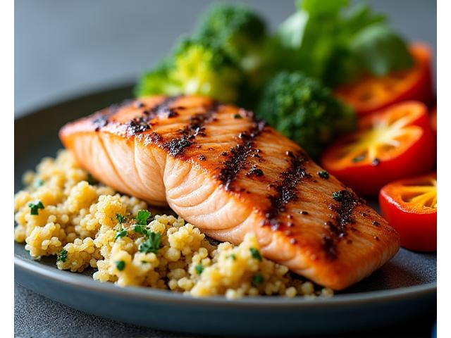 A vibrant, perfectly plated meal showcasing balanced components like grilled salmon, quinoa, and colorful roasted vegetables, representing nutritionist-designed meals for peak performance.