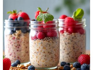 Grab-and-go jars of overnight oats with various fruit toppings, ready for a healthy breakfast.