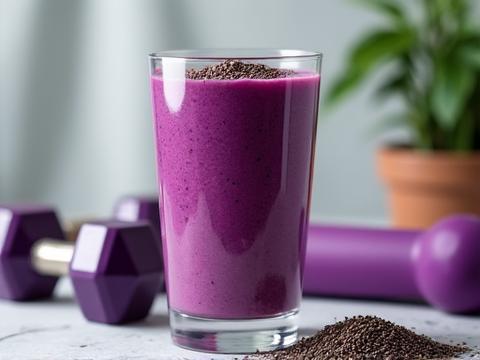 A tall glass of a rich, colorful protein smoothie topped with chia seeds, next to some workout gear, emphasizing post-workout recovery.