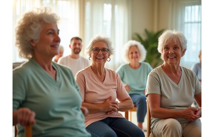Seniors engaged in a gentle, low-impact exercise class