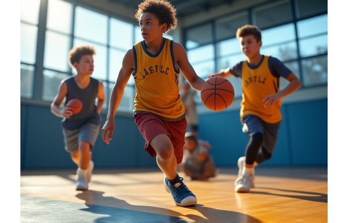 Teens playing basketball on an indoor court