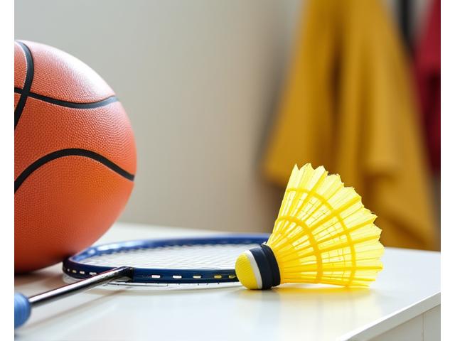 A selection of new basketballs, badminton rackets, and shuttlecocks available for rental
