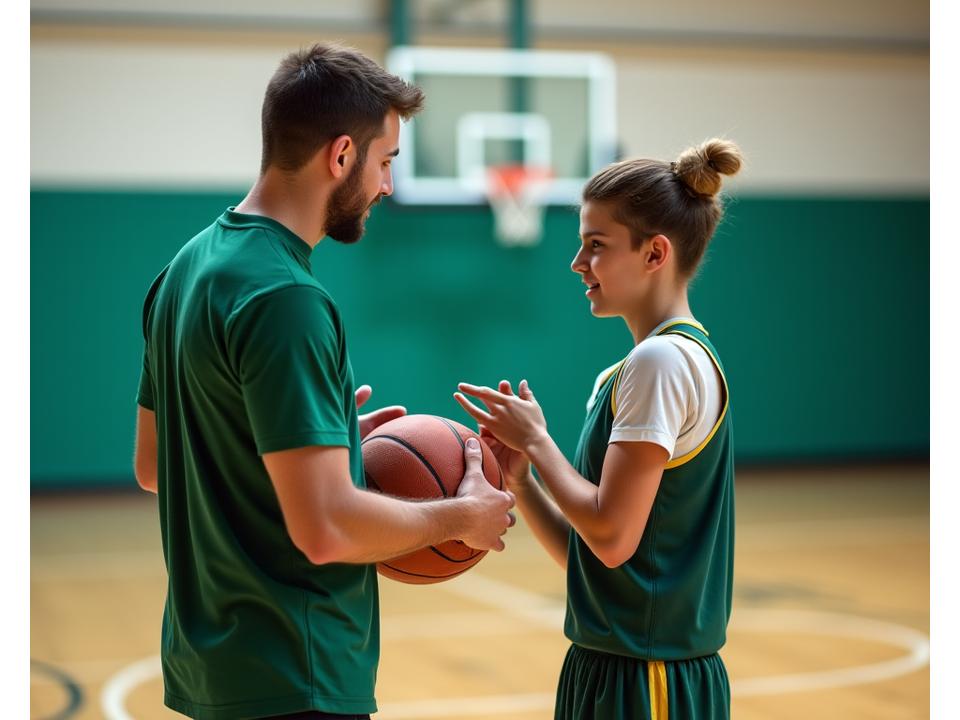 Certified basketball coach instructing a young player on an indoor court