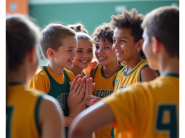Youth basketball players learning teamwork in a league game