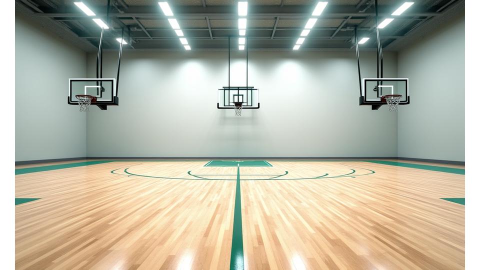 Tournament-standard basketball court with professional hoops at Oasis Recreation Hub