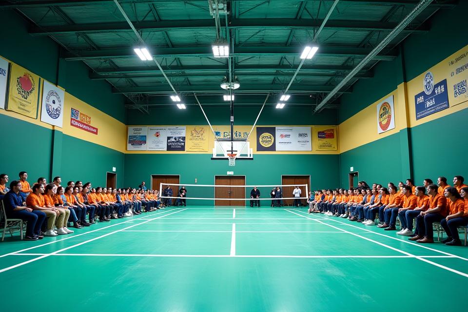 A large group setting up for a corporate sports event on an indoor court