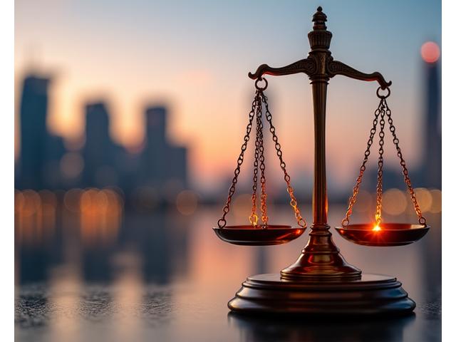 Scales of justice with Singapore skyline in background