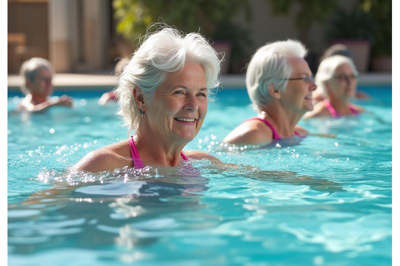 Seniors joyfully performing gentle exercises in a warm swimming pool with an instructor, showcasing aqua therapy.