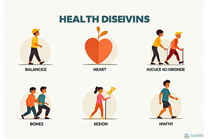A vibrant infographic illustration detailing the health benefits of regular senior exercise, including improved balance, cardiovascular health, and mood.