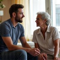 A friendly male wellness consultant talking to a senior client in a bright office.