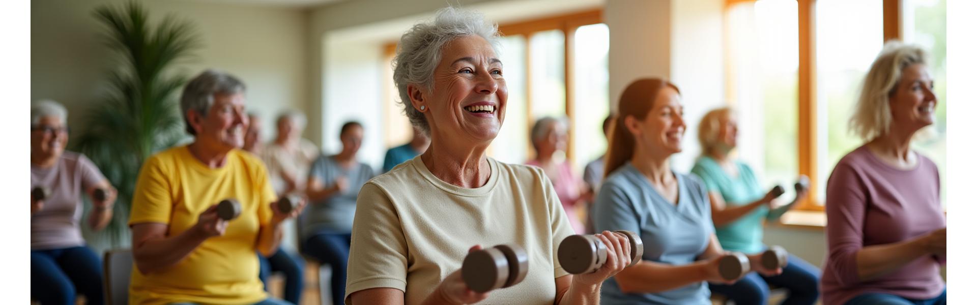 Senior woman joyfully participating in a chair-based exercise class, smiling and lifting light weights, surrounded by other active seniors in Singapore.